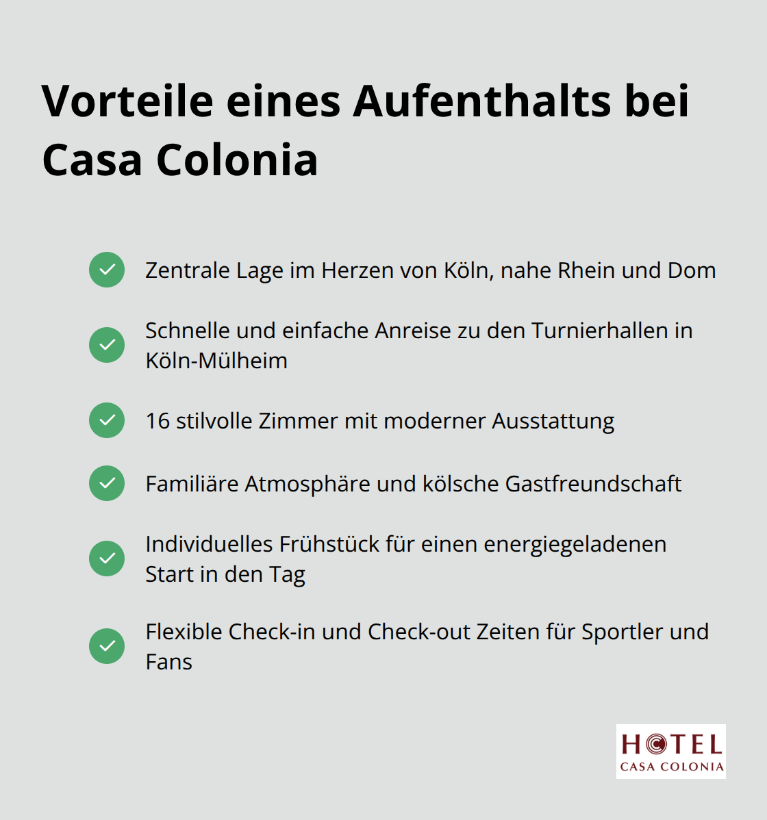 Liste der Vorteile eines Aufenthalts bei Casa Colonia während des AOK-Cup 2025 - Hotel AOK-Cup Köln 2025