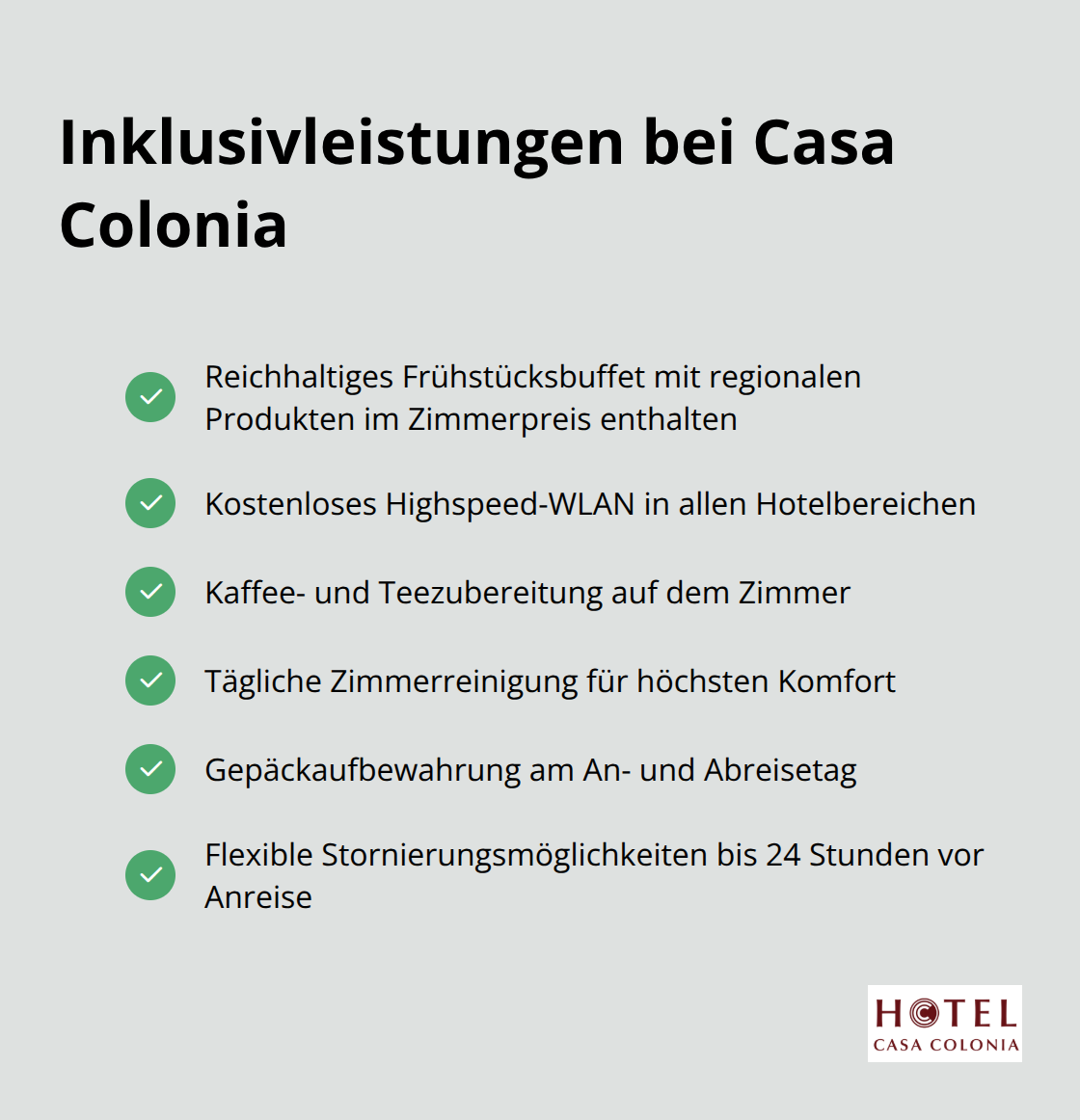 Liste der kostenlosen Extras und Inklusivleistungen im Casa Colonia Hotel - Hotel Köln Bewertungen