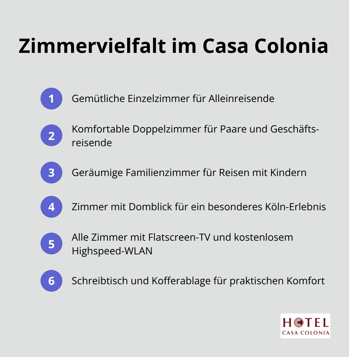 Übersicht der verschiedenen Zimmertypen und ihrer Merkmale im Casa Colonia Hotel