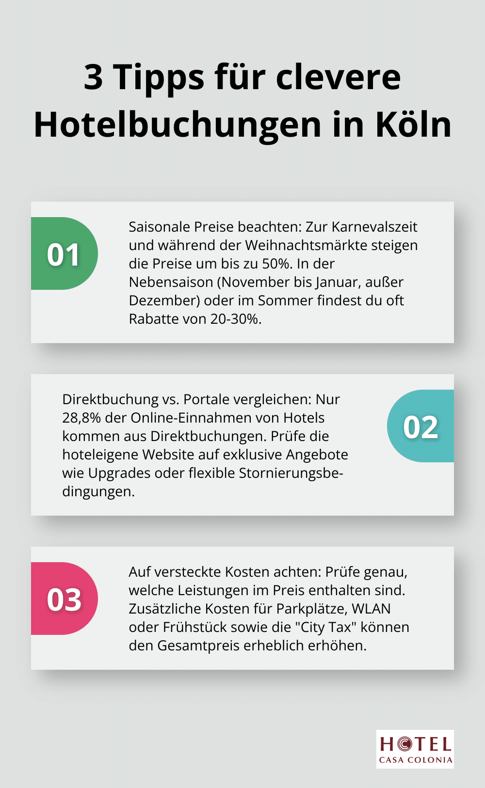 Infografik listet drei wichtige Tipps für die clevere Buchung eines Hotels in Köln auf. - Hotel Köln Zentrum