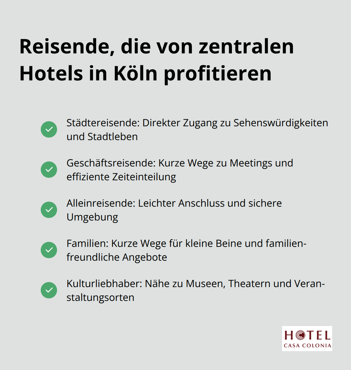 Infografik listet verschiedene Reisetypen auf, die von einem zentral gelegenen Hotel in Köln profitieren: Städtereisende, Geschäftsreisende, Alleinreisende, Familien und Kulturliebhaber. - Hotel Köln Zentrum Günstig