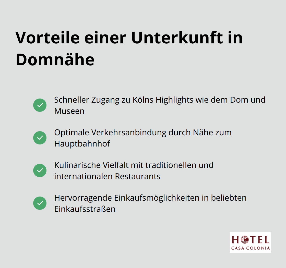 Liste der Vorteile einer Unterkunft in der Nähe des Kölner Doms: Schneller Zugang zu Sehenswürdigkeiten, optimale Verkehrsanbindung, kulinarische Vielfalt und vielfältige Einkaufsmöglichkeiten - Hotel am Dom Köln