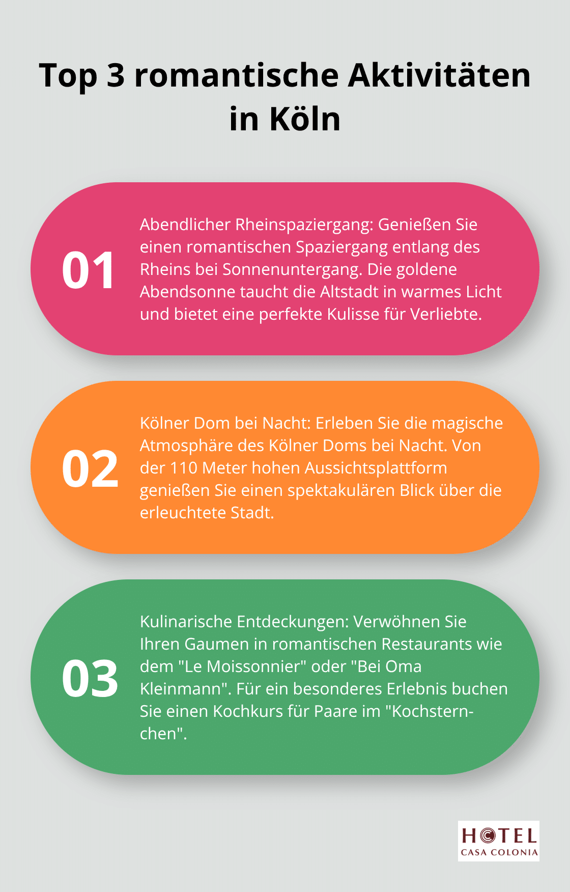 Eine geordnete Liste der drei besten romantischen Aktivitäten in Köln: Rheinspaziergang bei Sonnenuntergang, Kölner Dom bei Nacht erleben und kulinarische Entdeckungen für Zwei.