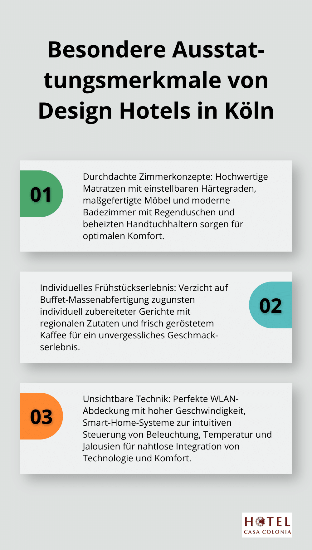 Eine geordnete Liste, die drei Hauptmerkmale der Ausstattung von Design Hotels in Köln hervorhebt: durchdachte Zimmerkonzepte, individuelles Frühstückserlebnis und unsichtbare Technik. - design hotel köln