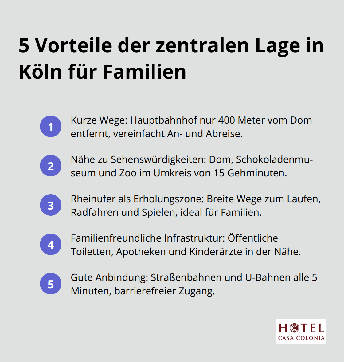 Eine kompakte geordnete Liste, die fünf Hauptvorteile der zentralen Lage in Köln für Familien aufzeigt: Kurze Wege, Nähe zu Sehenswürdigkeiten, Erholungsmöglichkeiten am Rheinufer, familienfreundliche Infrastruktur und gute Anbindung an öffentliche Verkehrsmittel.
