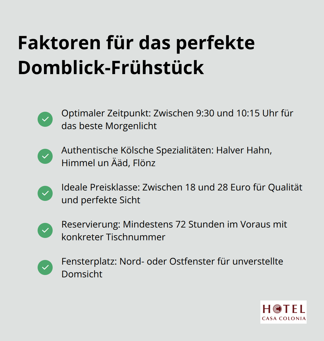 Liste der wichtigsten Faktoren für ein perfektes Frühstück mit Domblick in Köln