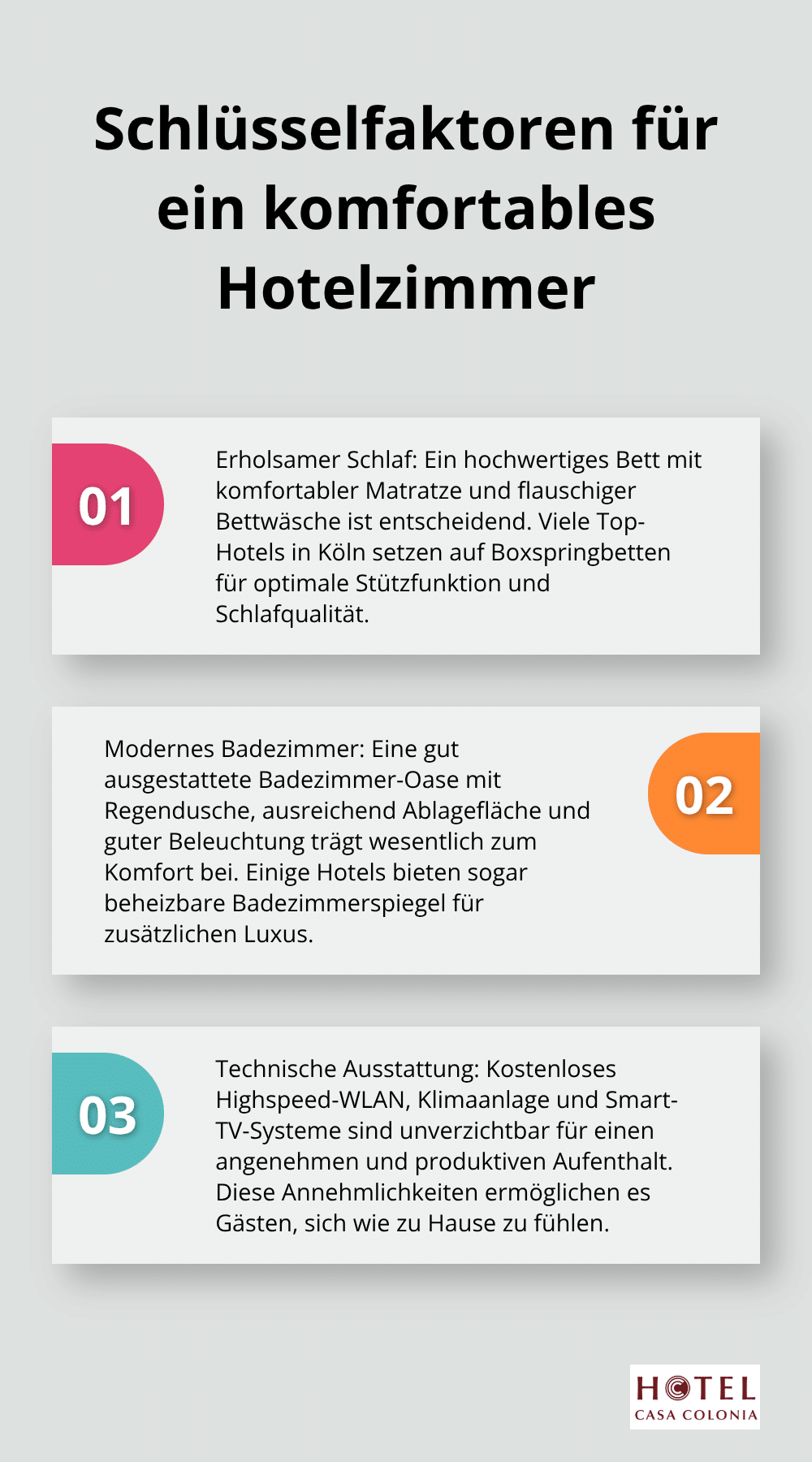 Eine geordnete Liste mit drei Hauptfaktoren für ein komfortables Hotelzimmer in Köln. - hotel mit frühstück
