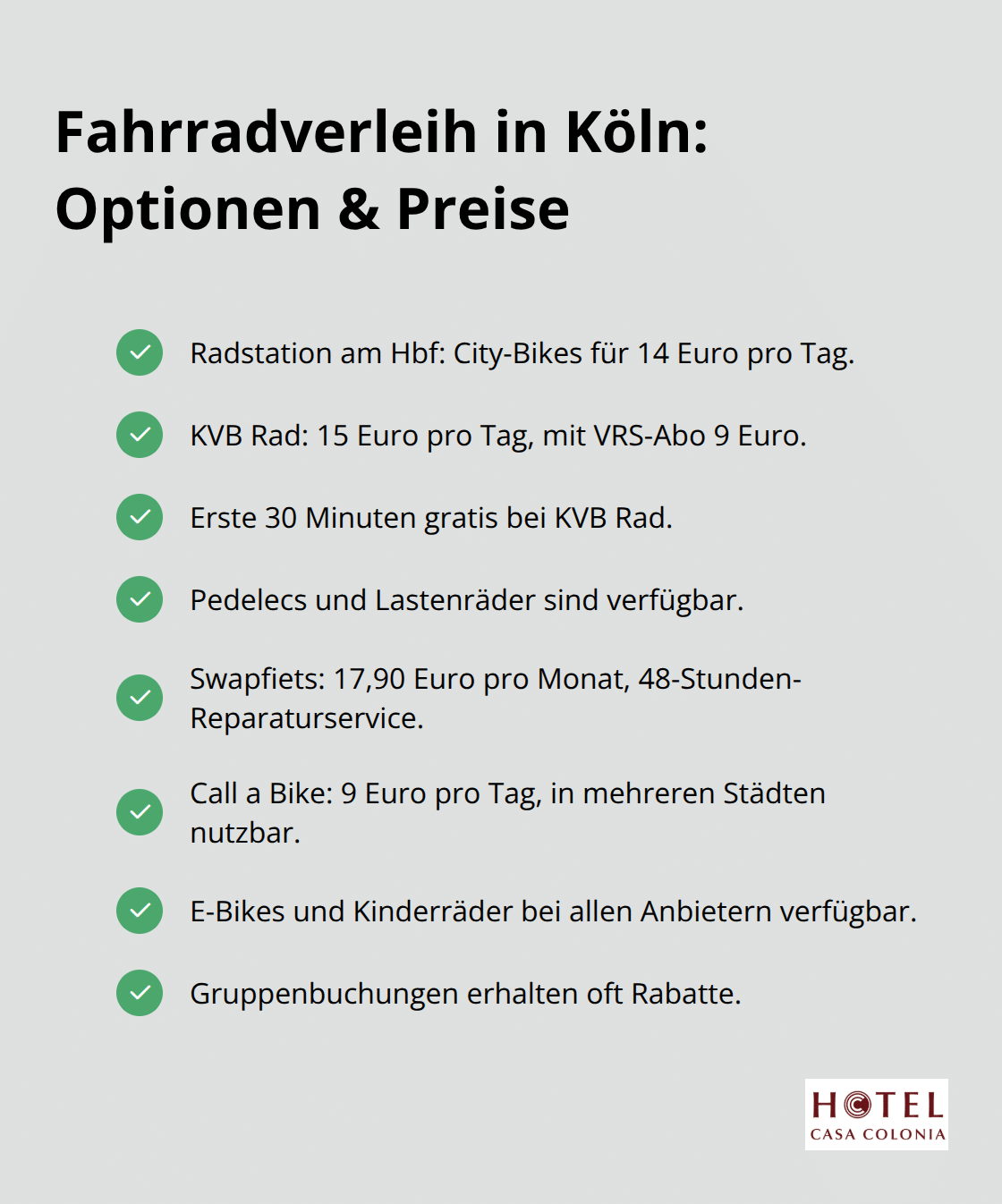 Checkliste der wichtigsten Kölner Fahrradverleih-Angebote mit Konditionen - köln fahrrad tour