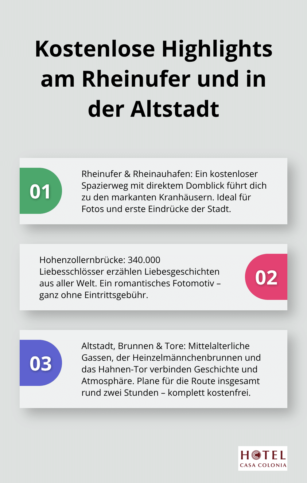 Überblick der kostenfreien Highlights rund um Rheinufer und Altstadt in Köln - köln sehenswürdigkeiten kostenlos