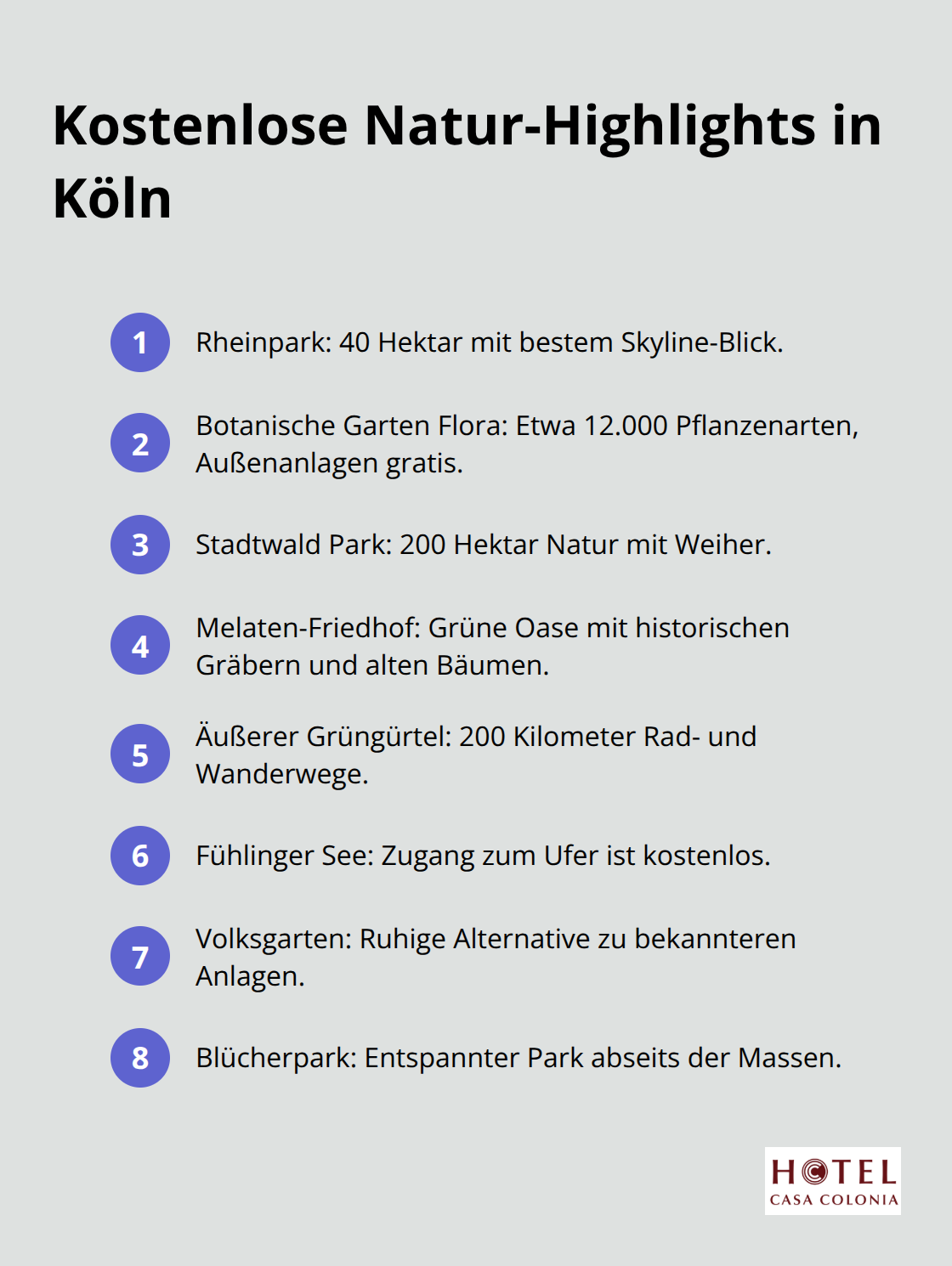Liste der wichtigsten kostenfreien Natur- und Park-Erlebnisse in Köln - köln sehenswürdigkeiten kostenlos