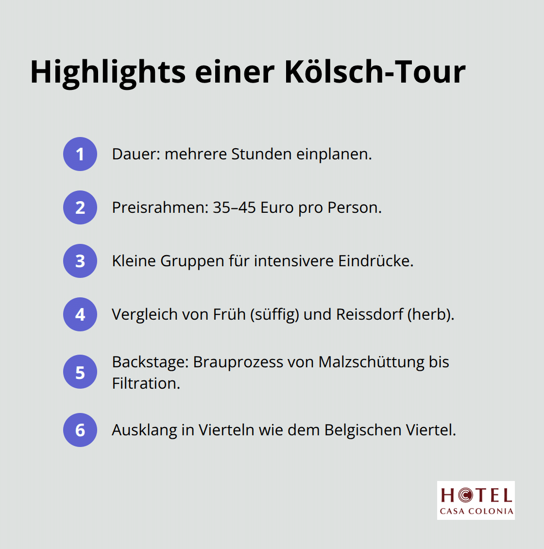 Kompakte Übersicht der wichtigsten Programmpunkte einer Kölsch-Brauereitour - kölsch kultur köln