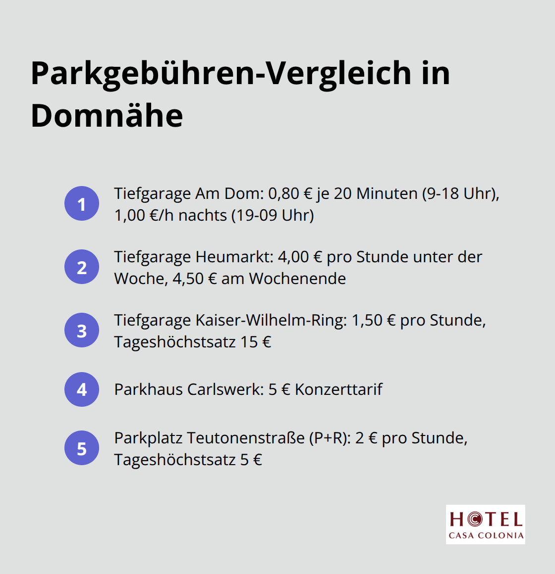 Vergleich der Parkgebühren an verschiedenen Standorten in der Nähe des Kölner Doms - parken nähe kölner dom