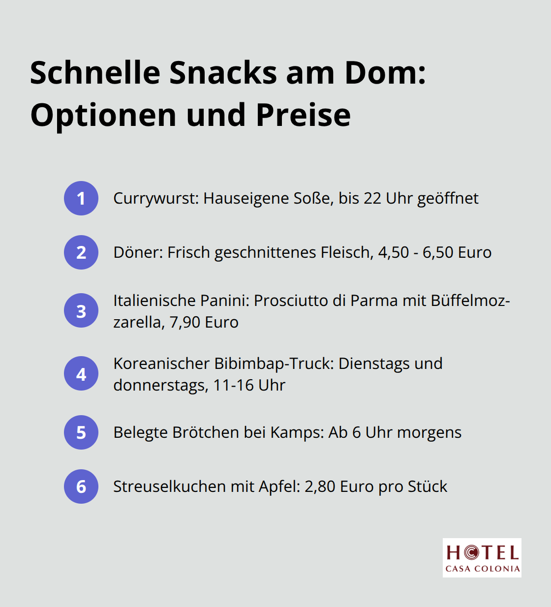 Übersicht der schnellen Snack-Optionen am Kölner Dom mit Preisangaben - restaurants köln nähe dom