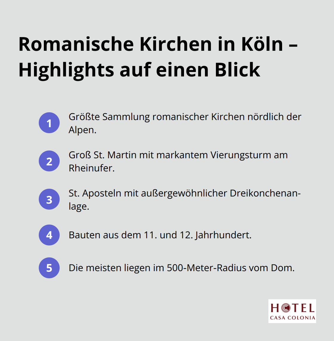 Überblick zu den romanischen Kirchen in Köln mit den wichtigsten Merkmalen und Entfernungen - sehenswürdigkeiten köln innenstadt