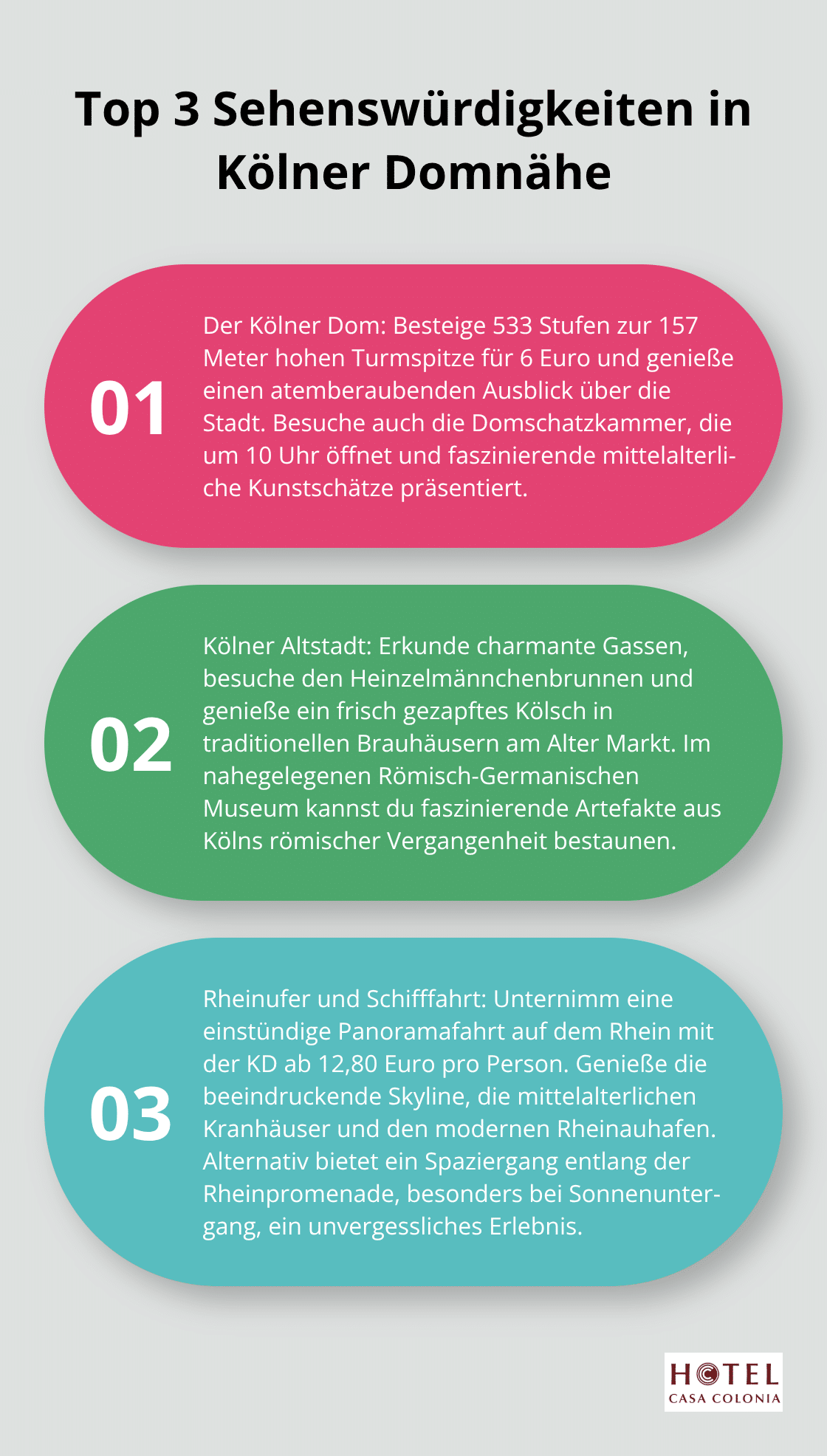 Liste der drei wichtigsten Sehenswürdigkeiten in der Nähe des Kölner Doms: Der Kölner Dom selbst, die Kölner Altstadt und das Rheinufer mit Schifffahrt. - wohnmobilstellplatz köln nähe dom